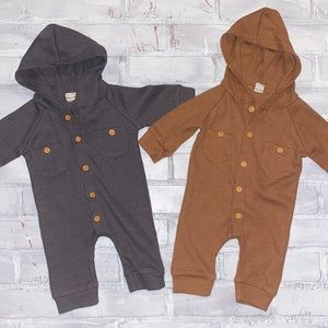 Thermal gray tan button up rompers matching twin set